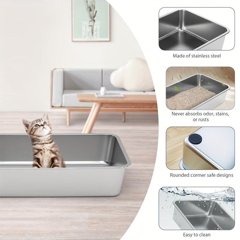 Stainless Steel Cat and Rabbit Litter Box with Low Side Entry Odor-Resistant Easy to Clean
