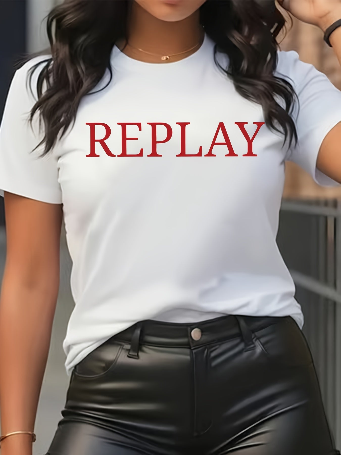 Women’s Short Sleeve T-Shirt with Red Graphic, White, Mid-Stretch, Summer Style