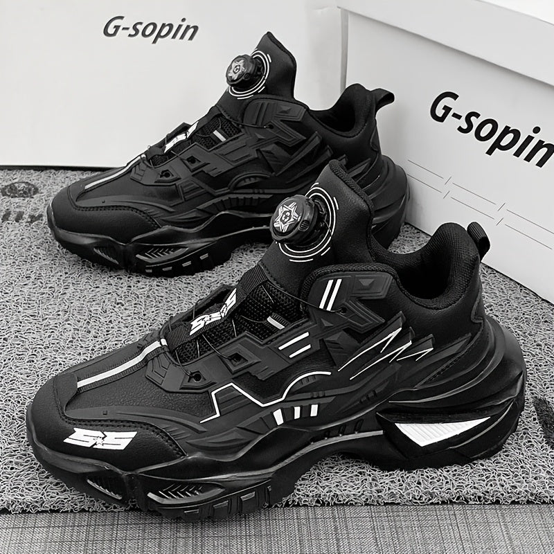 Men's Black Chunky Sneakers with Rotating Buckle Anti-Slip Breathable Fabric for Sports Outdoor