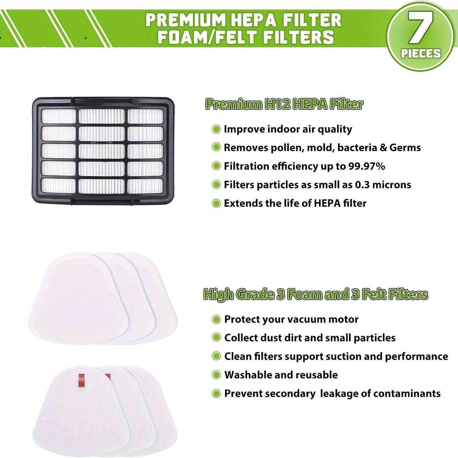 Lift-Away modellari uchun 7 ta paketli vakuum filtri to'plami, ko'pik bo'laklari va HEPA filtrlari bilan