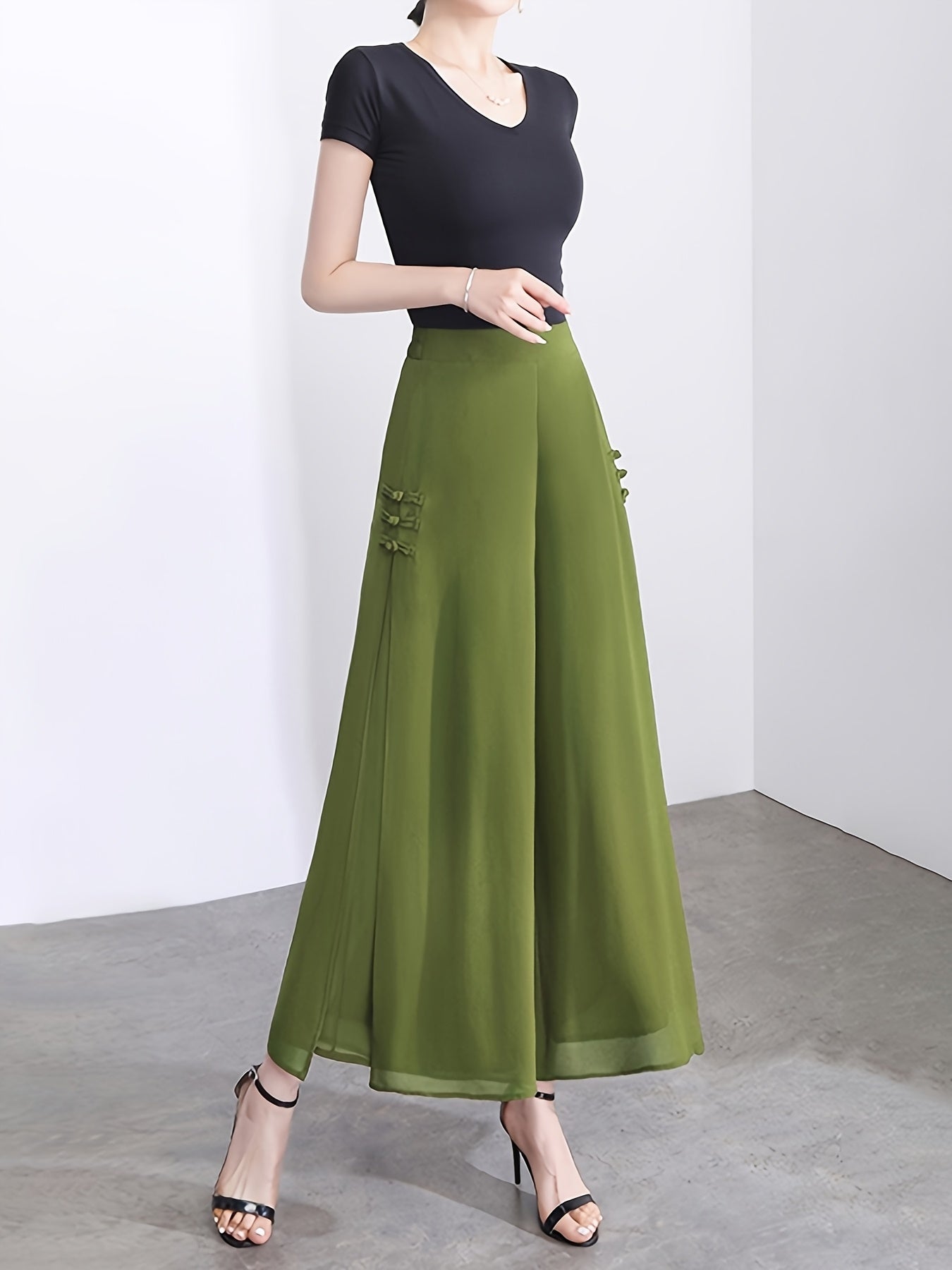 Plus o'lcham ayollar uchun ikki qatlamli chiffon yubka shimlar bir rangli yon bo'lakli yozgi rasmiy kundalik