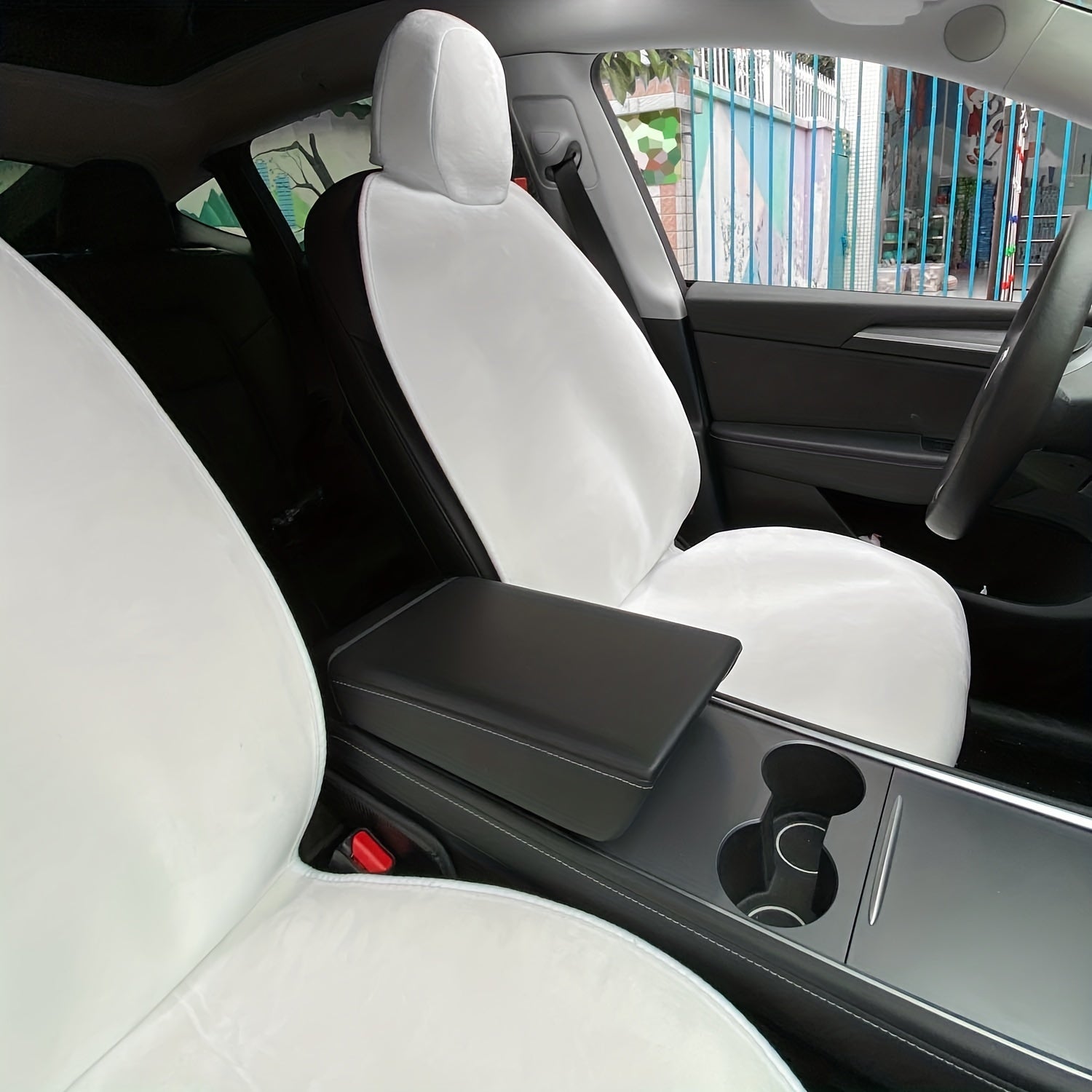 Cojín para asiento de coche de franela blanco y negro, instalación universal, sin arrugas