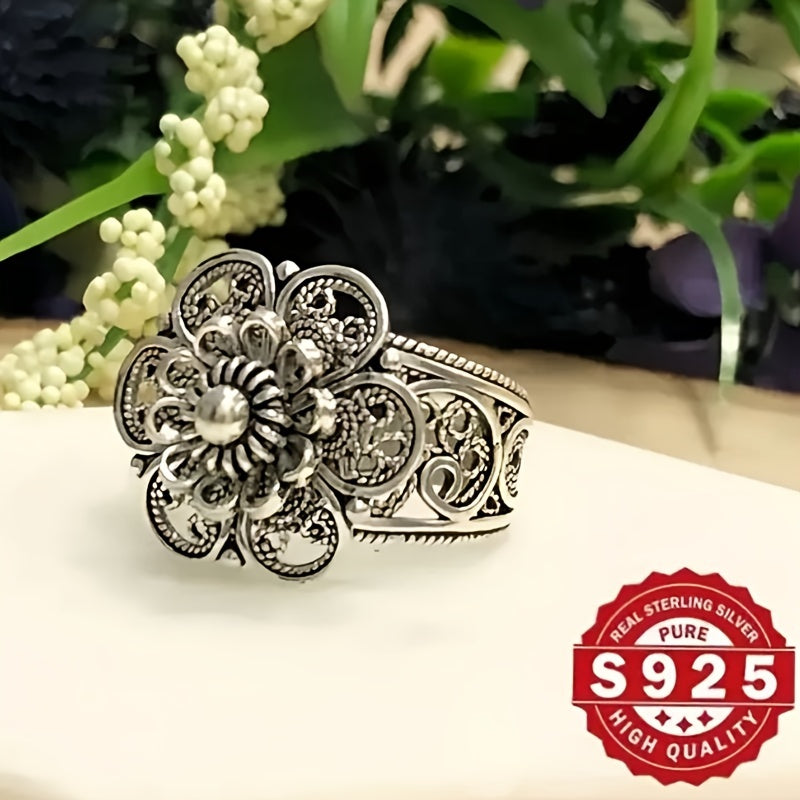 Sterling Silver Daisy Ring Hollow Design Bohemian Style for Weddings and Parties