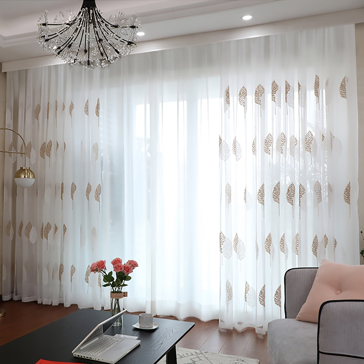 Elegant Tulle Curtain with Leaf Embroidery Translucent Rod Pocket for Living Room Bedroom
