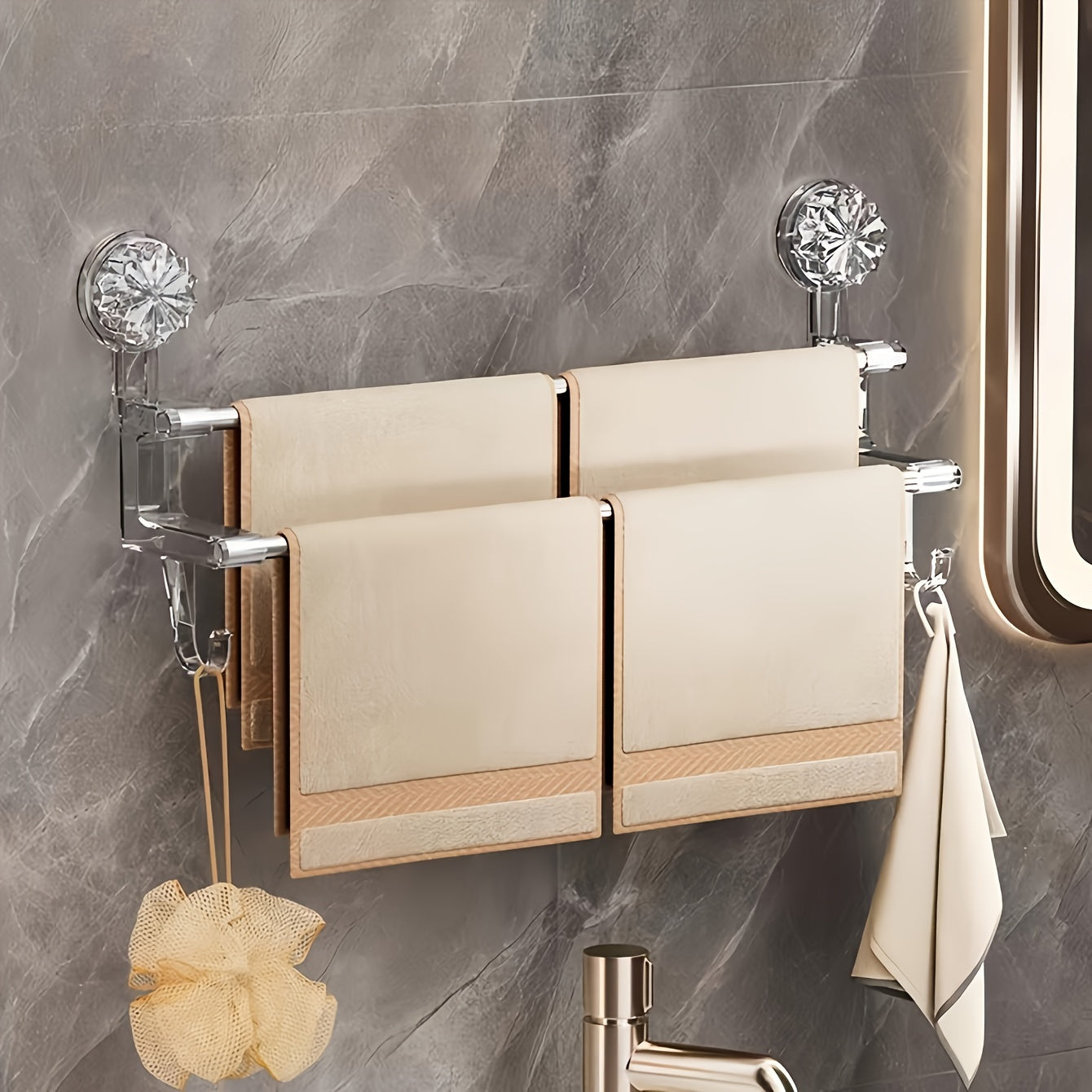 Dual Rod Towel Rack with Suction Cups No-Drill Wall Mount Bathroom Storage Metal Hanging Rod