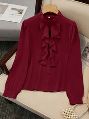 Blusa de mujer con volante, botones en la parte delantera, manga larga, poliéster sólido para primavera y otoño