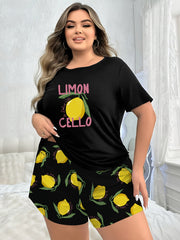 Women Plus Size Pajama Set Black Lemon Cartoon Short Sleeve Sleepwear