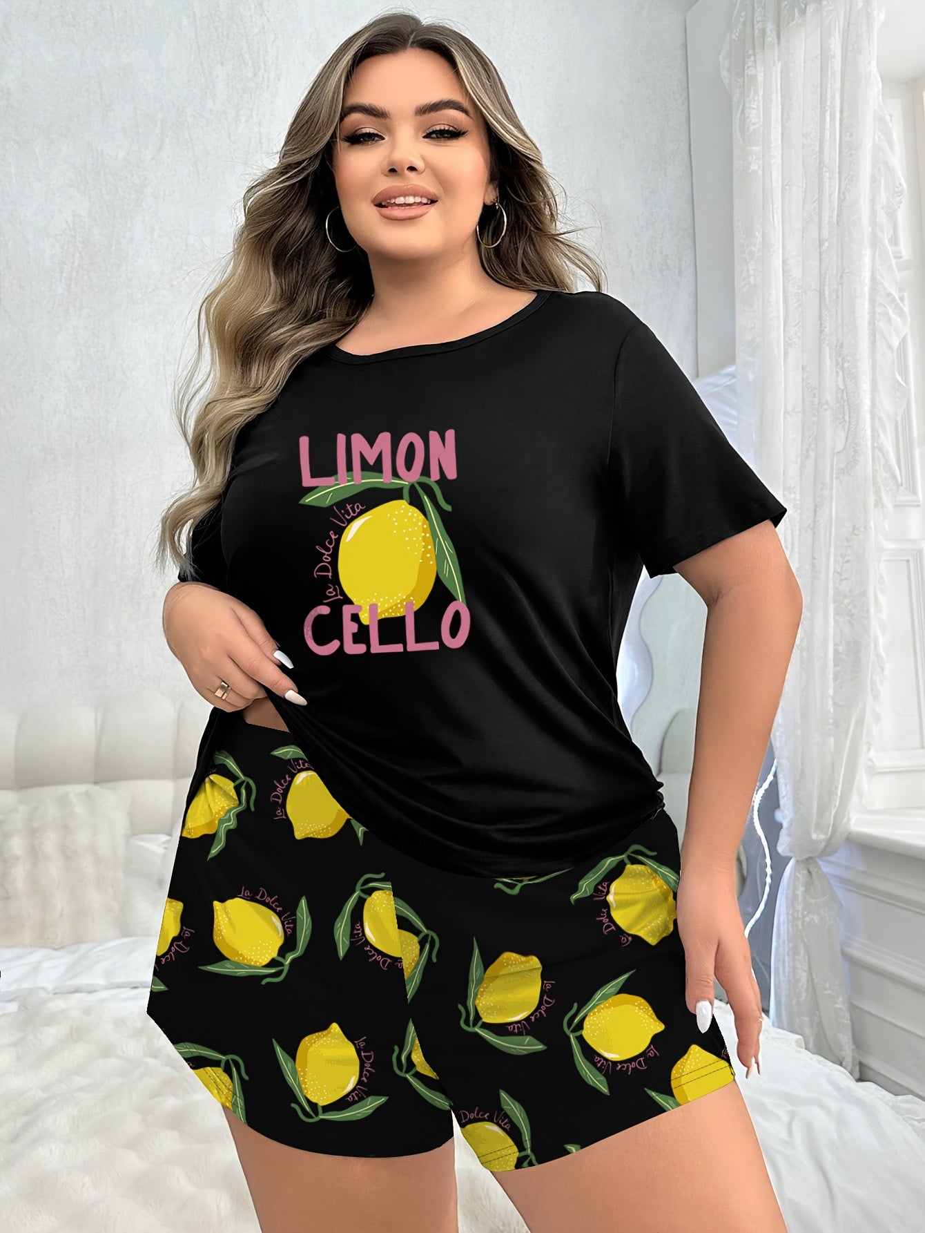 Women Plus Size Pajama Set Black Lemon Cartoon Short Sleeve Sleepwear