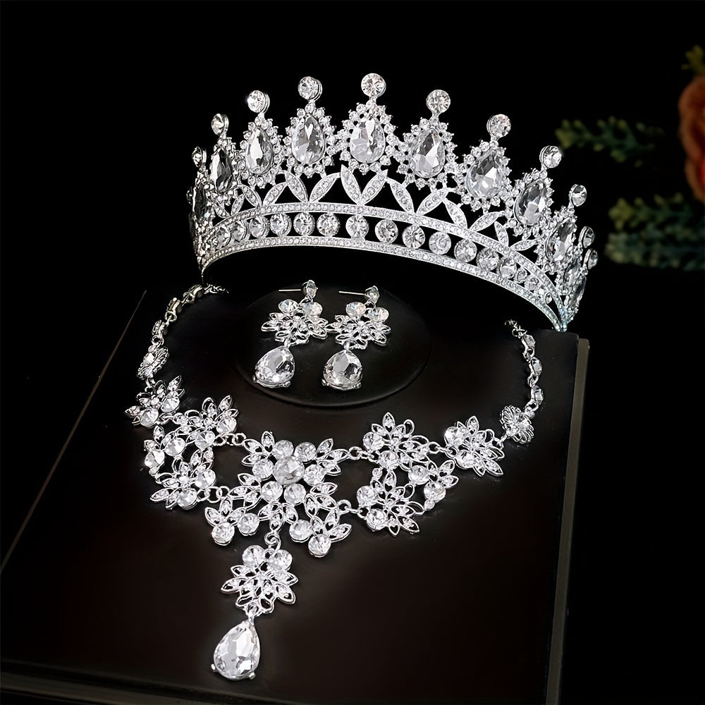 Bridal Jewelry Set Rhinestone Crown Necklace Earrings Wedding Prom Formal