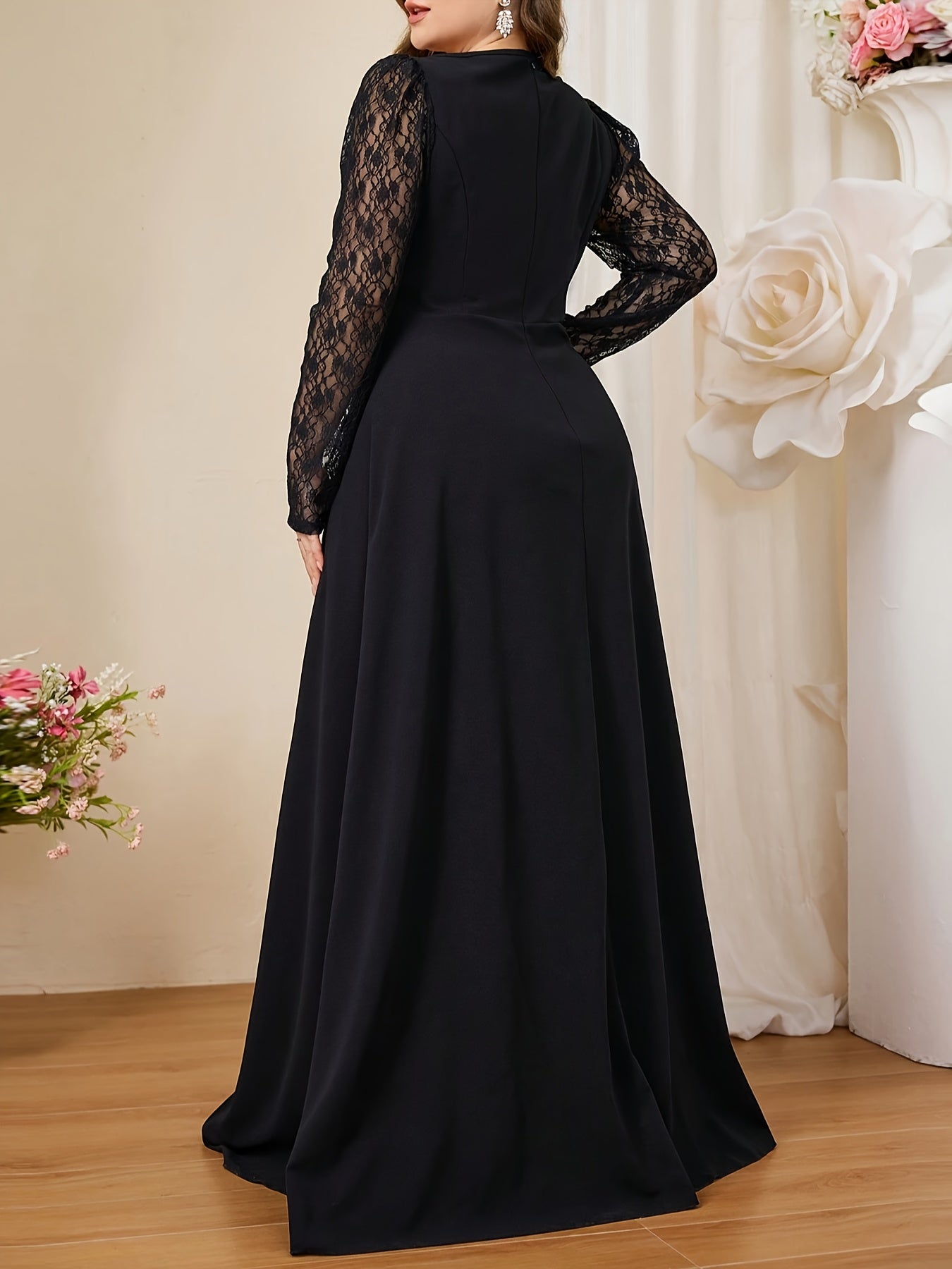 Vestido de noche de talla grande para mujer, negro, con encaje de perlas y falda en línea A, para bodas formales