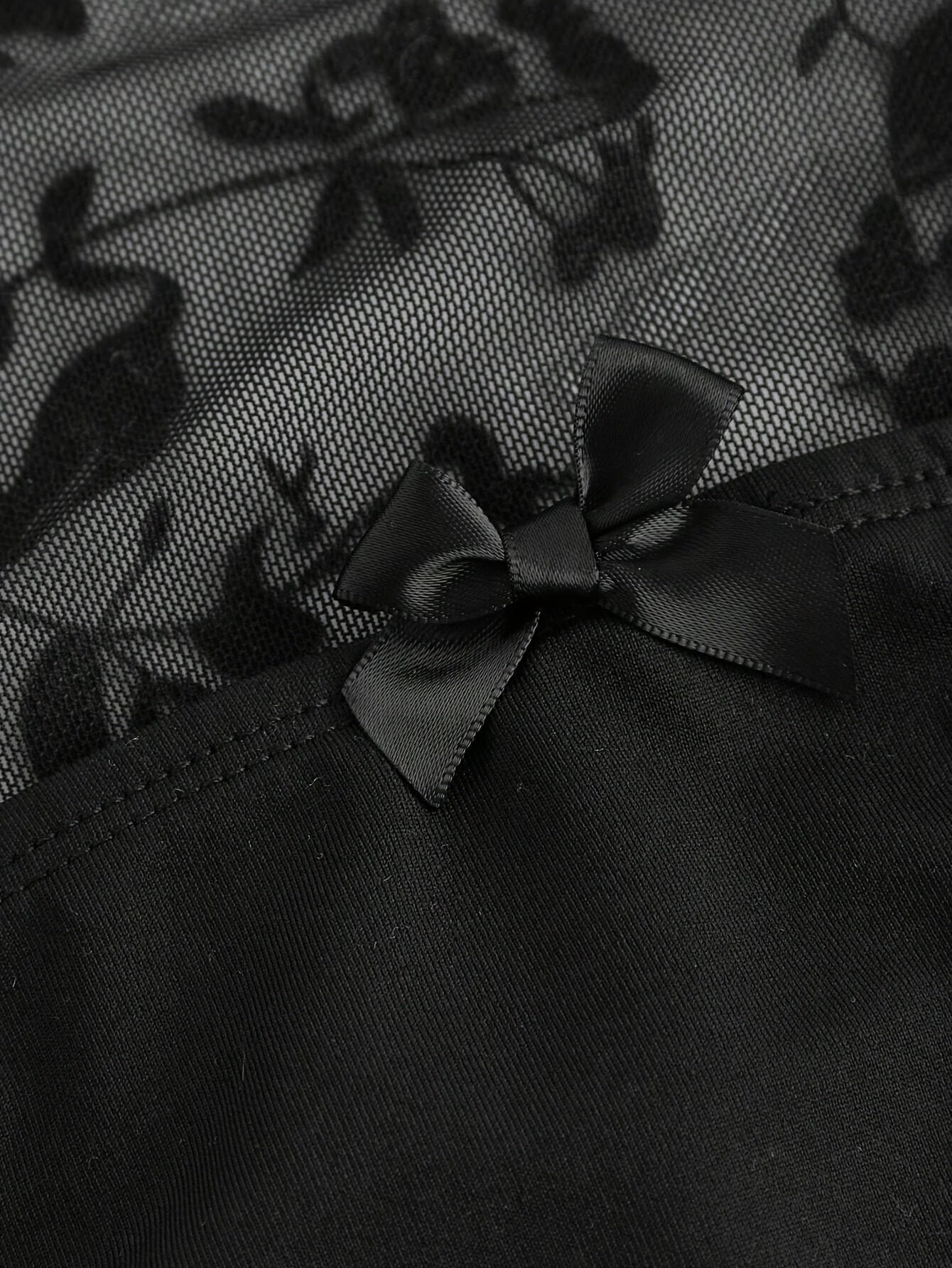 Black Lace Bell Sleeve Crop Top with Bow Tie and Knit Fabric for All Seasons