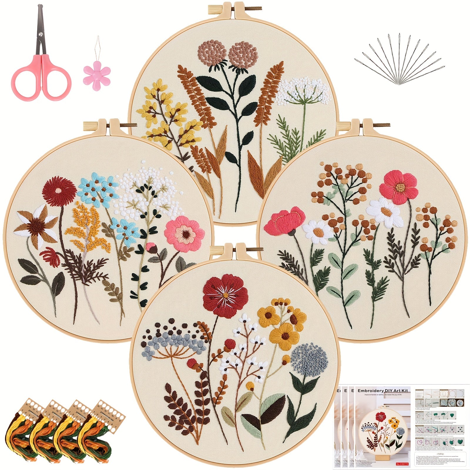 4-Piece Embroidery Kit with Floral Pattern, Hoops, Floss, Needles and 3-Pack Cross Stitch Kit for Beginners