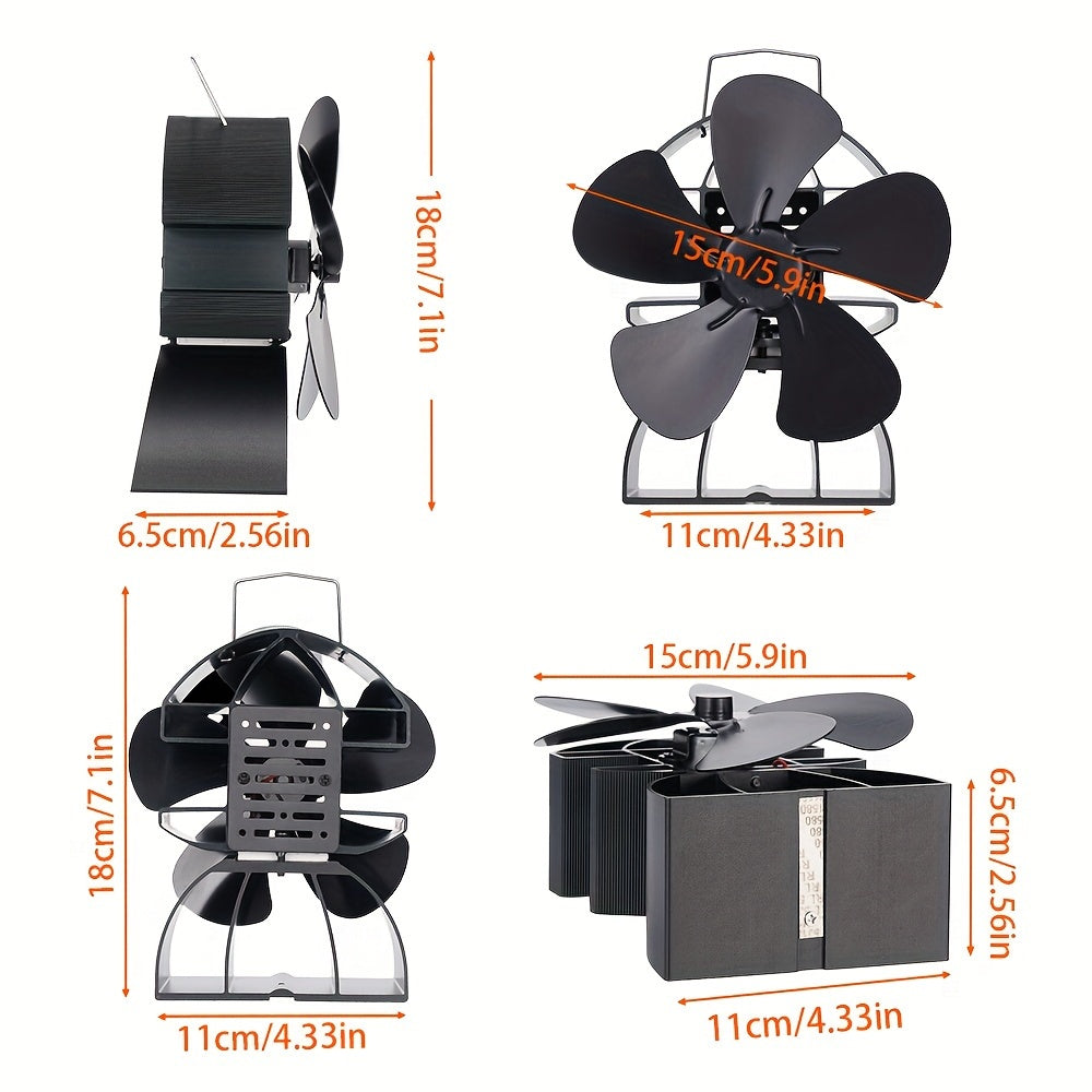 Portable Heat Powered Stove Fan for Wood Burners, Eco-Friendly 5-Blade Air Circulation