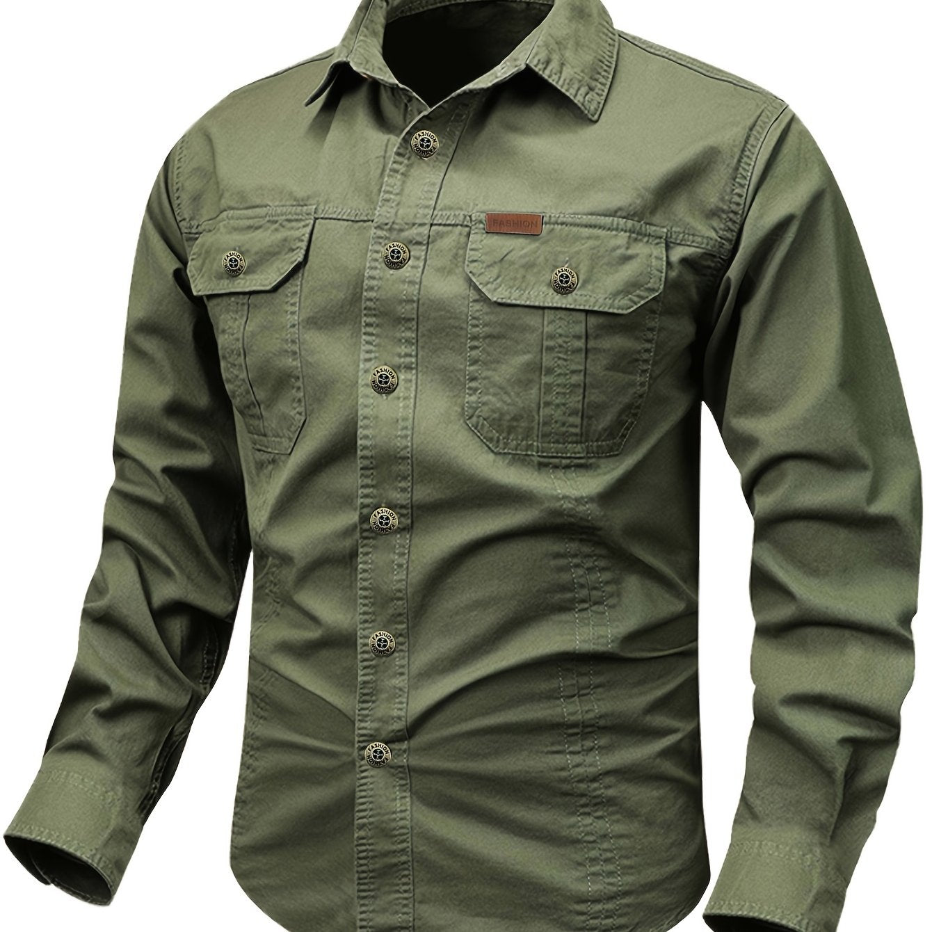 Men's Military Green Long-Sleeve Casual Shirt with Cargo Pockets Cotton Outdoor Workwear