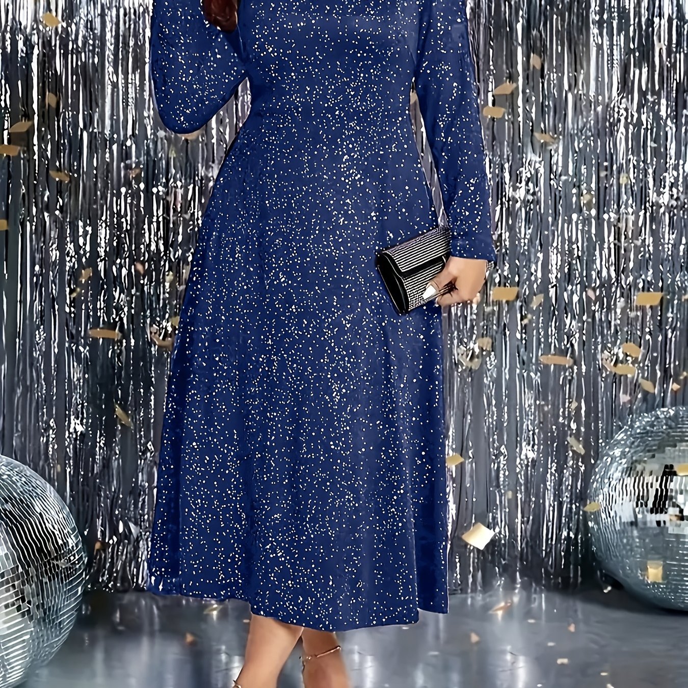 Платье большого размера с длинным рукавом и блестками с рюшей на подоле для вечера и свидания