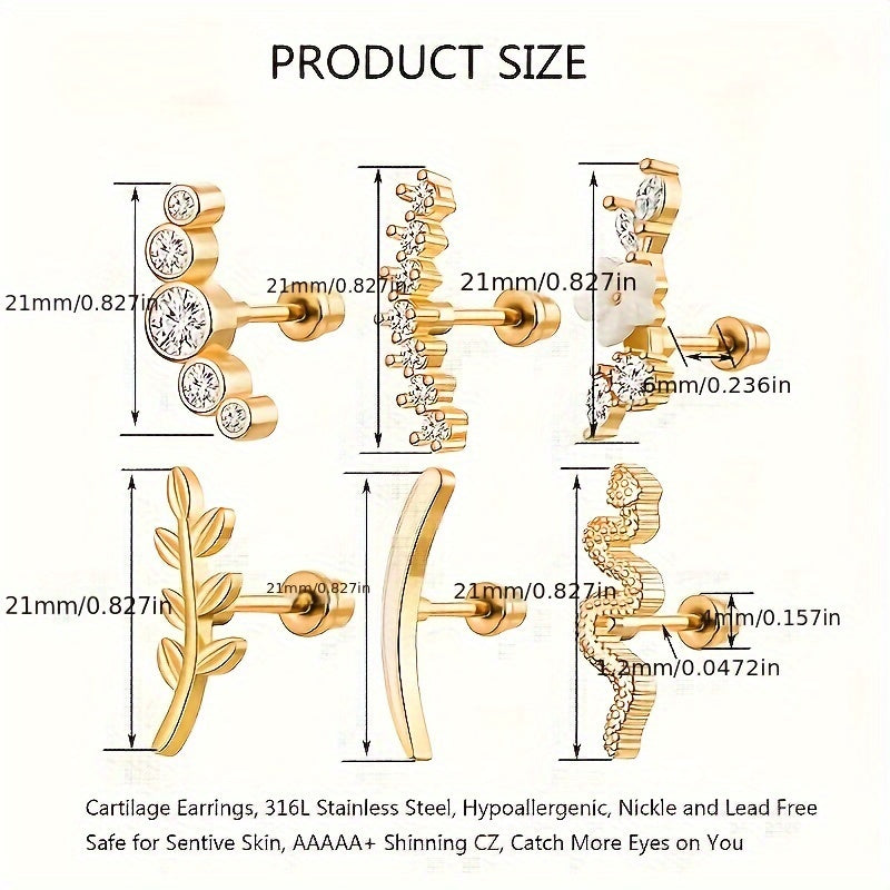 Women's Hypoallergenic Spiral Cartilage Earrings 6 Pairs Stainless Steel Crystal Zirconia