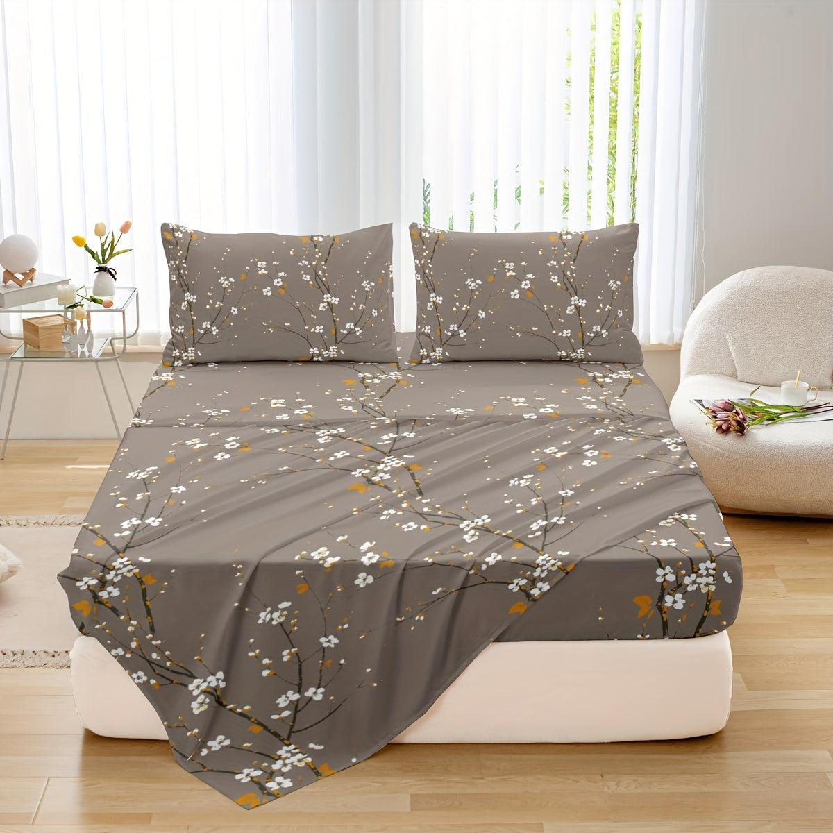 Set of Four Flower Print Fitted Sheets with Pillowcases Breathable Soft Cotton