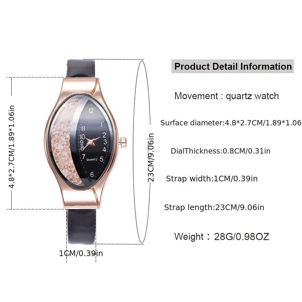 Set of 5 Women's Quicksand Oval Pointer Quartz Watches with Analog Display PU Leather Jewelry Set