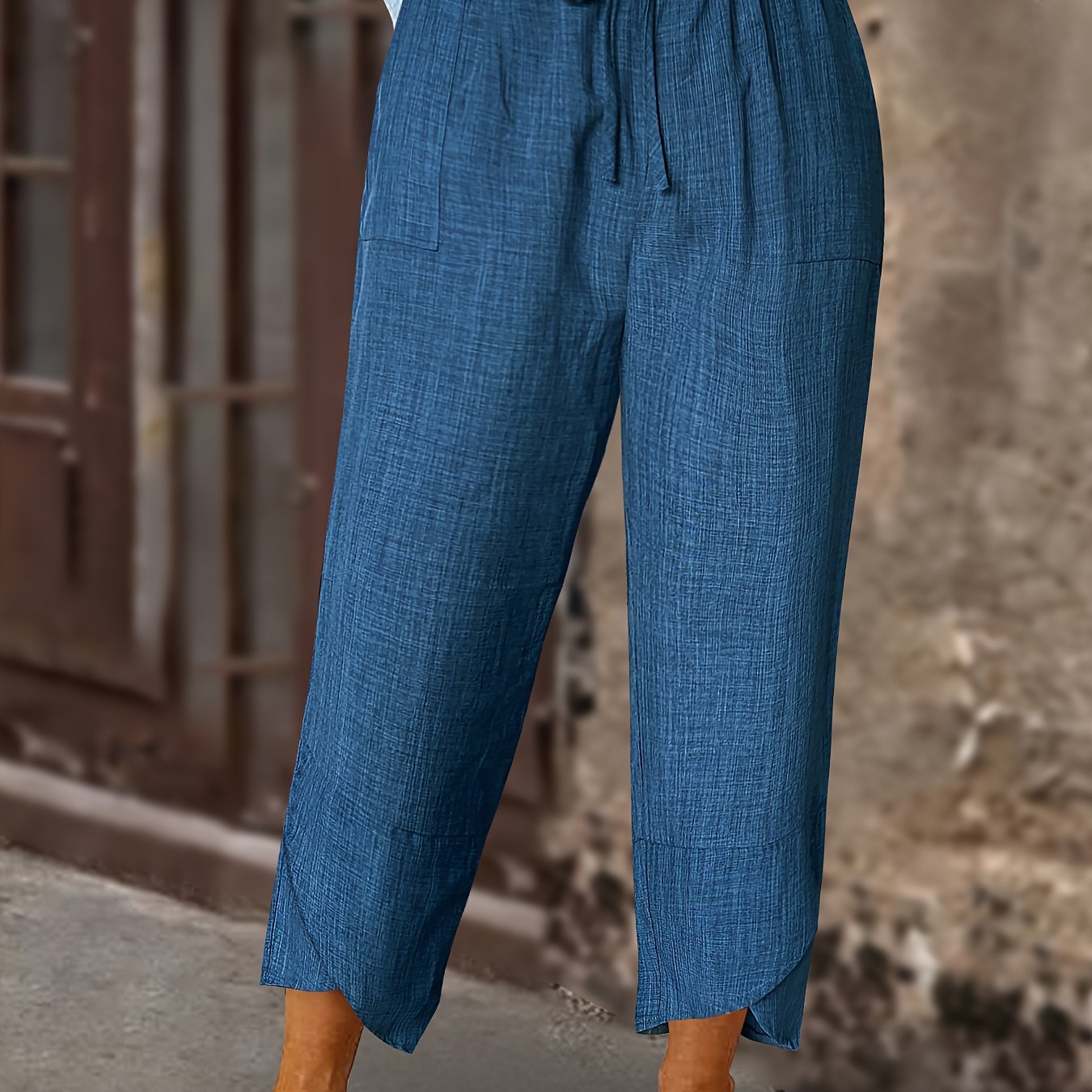 Women Navy Blue Harem Pants with Drawstring Waist Patch Pockets