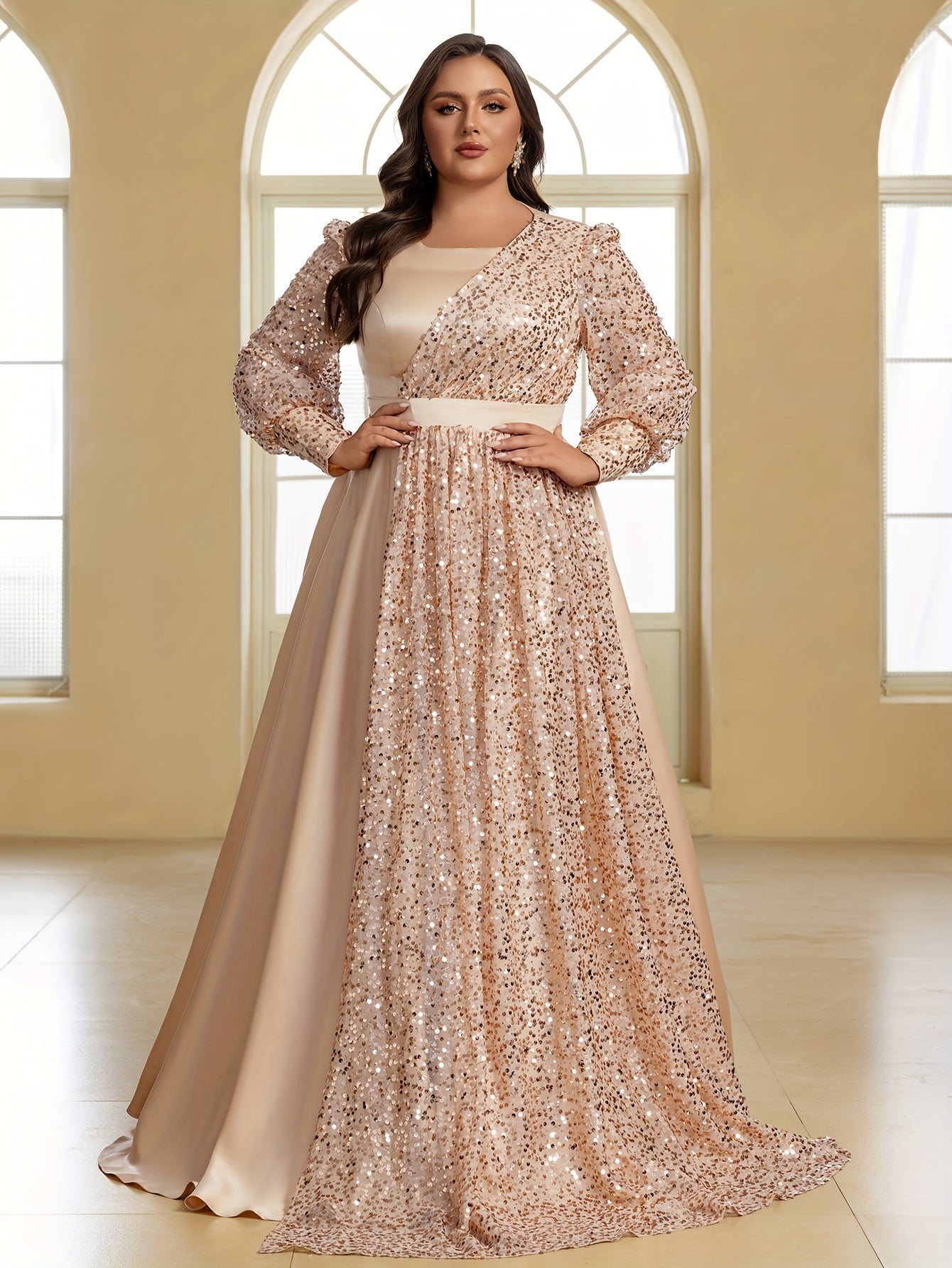 Plus Size Formal Evening Dress Satin Sequin Lantern Sleeve Gown