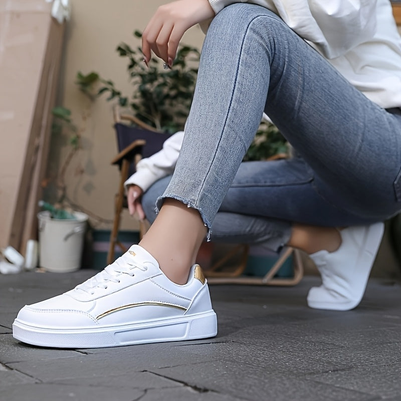 Women's Breathable White Sneakers - Lightweight Casual Shoes with Golden Accents