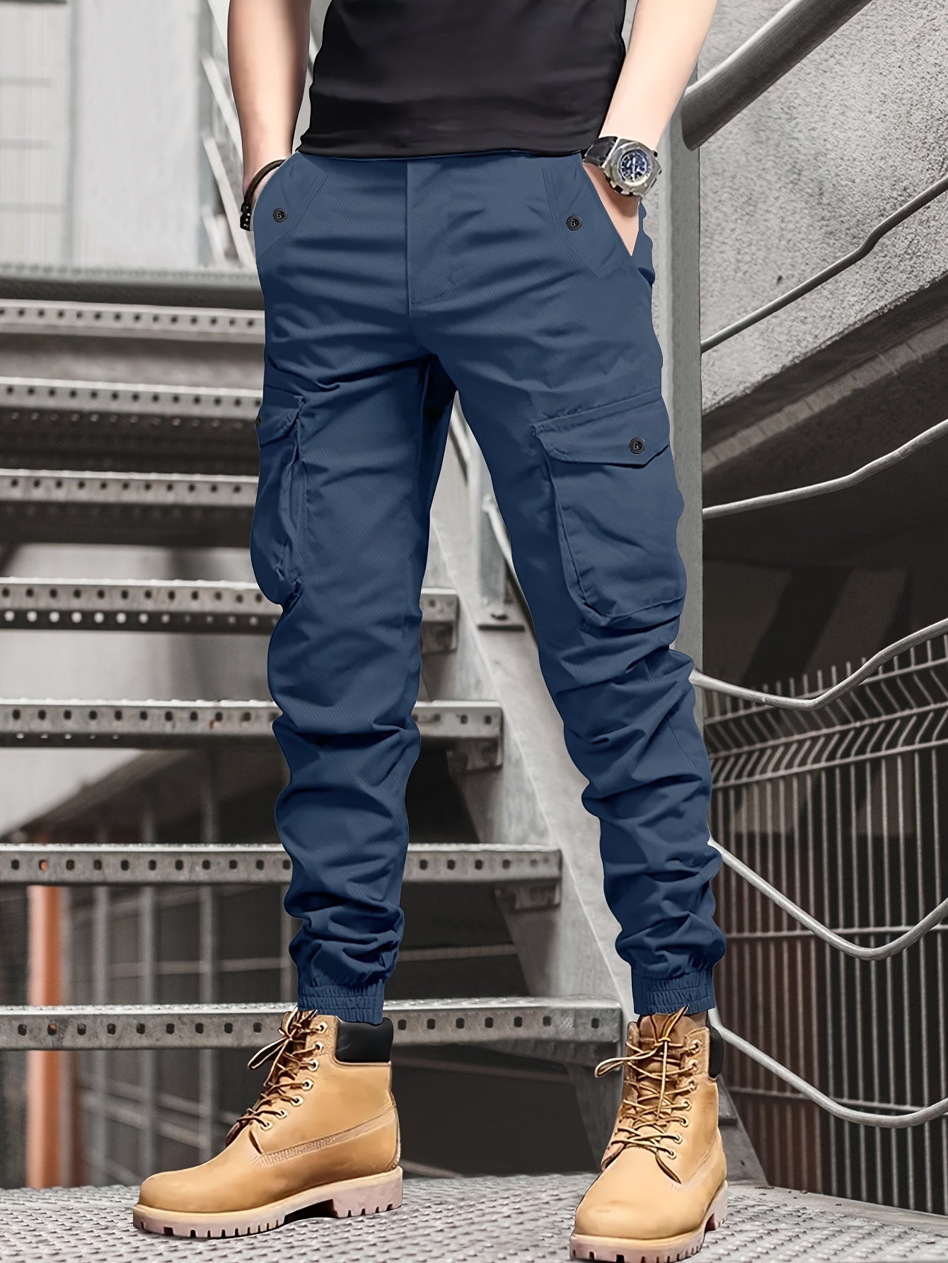 Men's Cargo Pants Cropped Polyester Solid Color Casual Spring Summer Drawstring Waist
