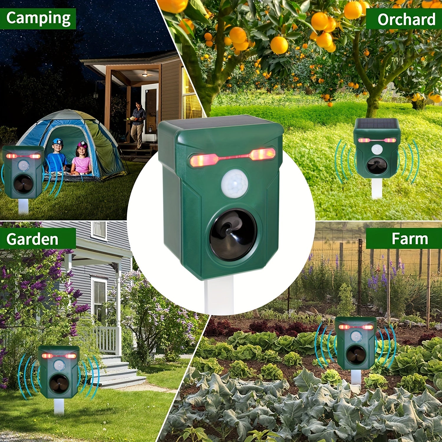 Outdoor Solar Ultrasonic Animal Repeller with Motion Light Sensor and Adjustable Sound and Flashing LED Lights