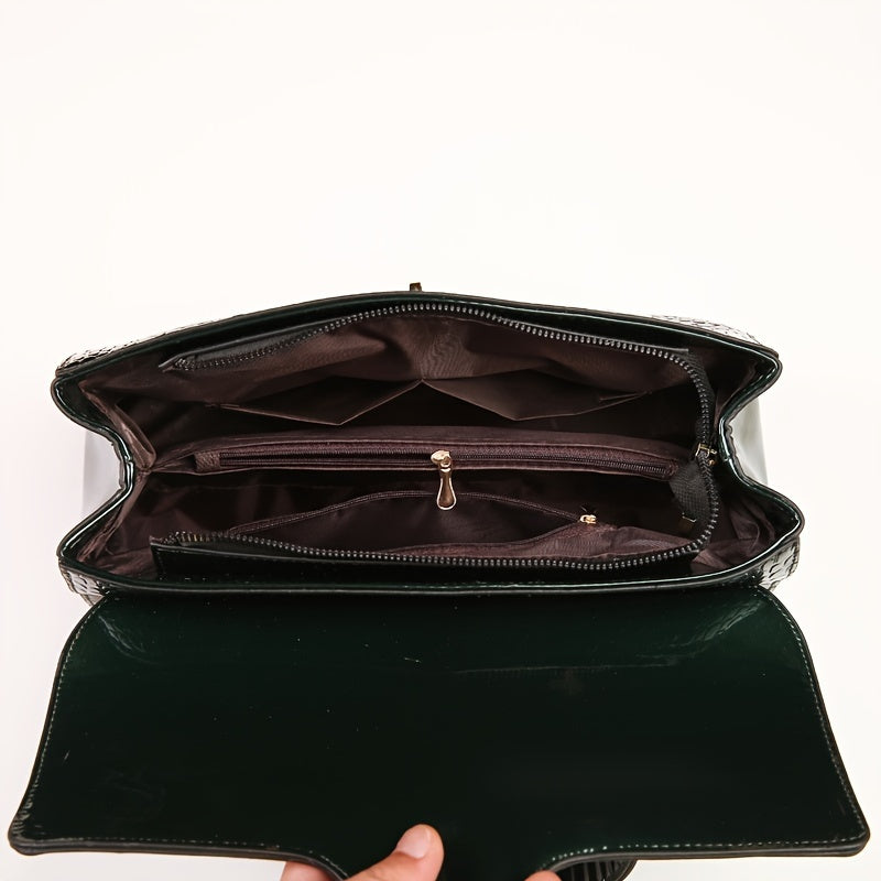 Vintage Geometric Pattern Clutch Bag with Removable Strap and Kiss Lock Closure Black Green