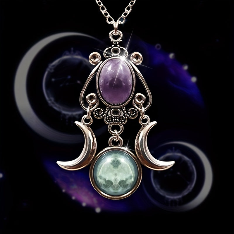 Triple Moon Goddess Pendant Necklace Silver Unisex Halloween Gift