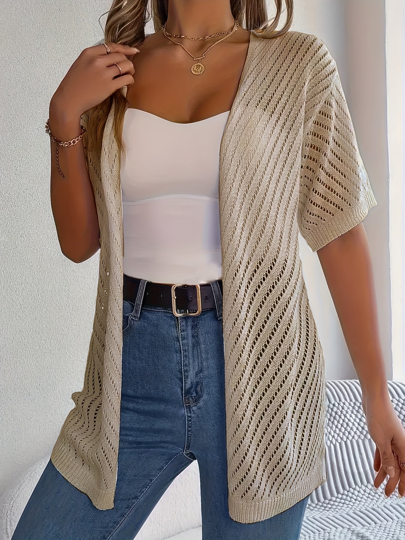 Plus Size Women's Crochet Cardigan Light Beige Open Front Short Sleeve Summer Casual