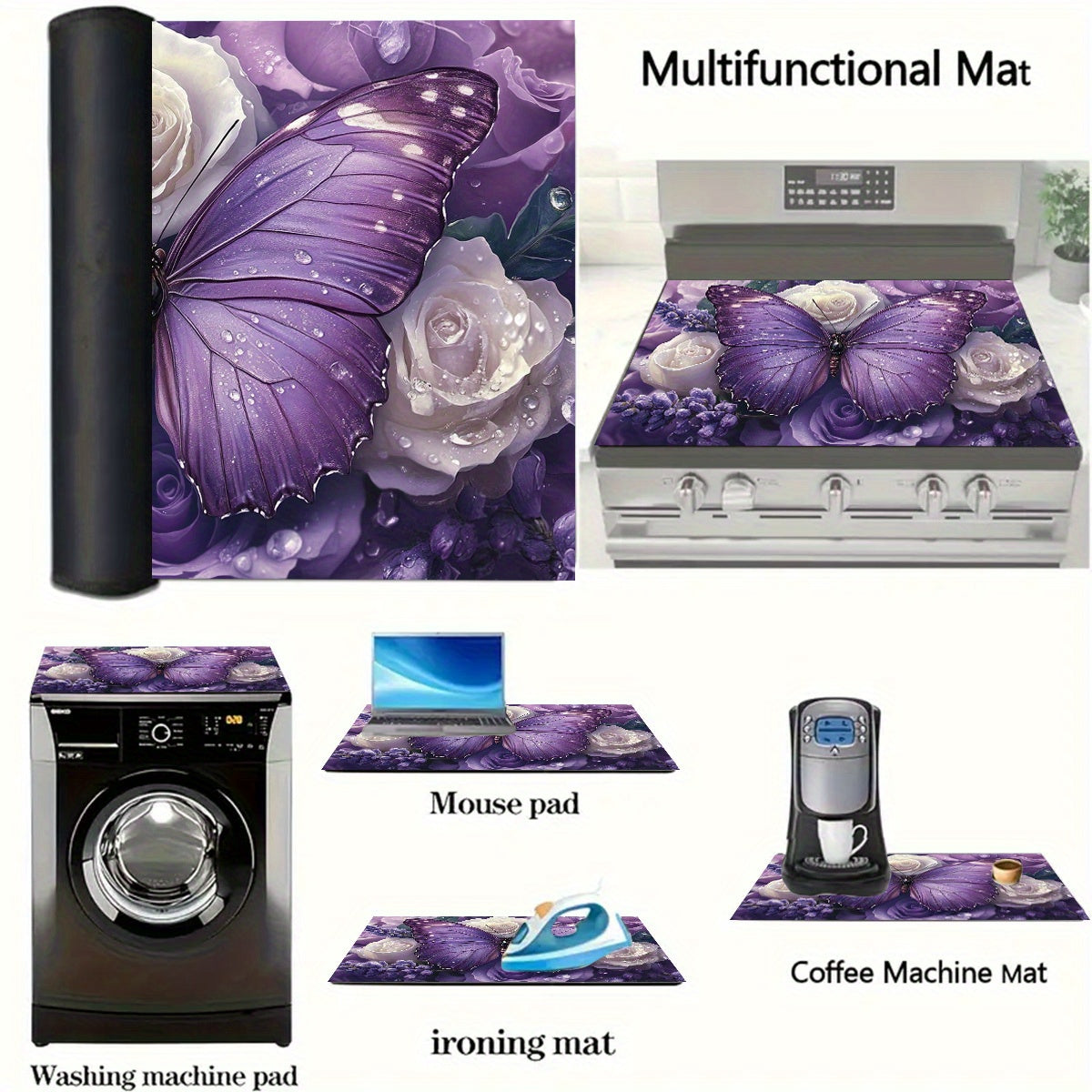 Binafsha rangli kapalak va gul naqshli quritish mato, pech usti himoya qiluvchi, issiqlikka chidamli, chizishga qarshi, sirg‘alishga qarshi, bardoshli