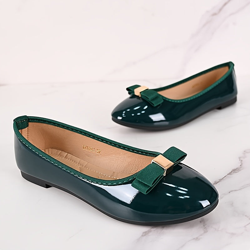 Women's Emerald Green Glossy Mary Jane Flats with Bow, Slip-On, Comfort