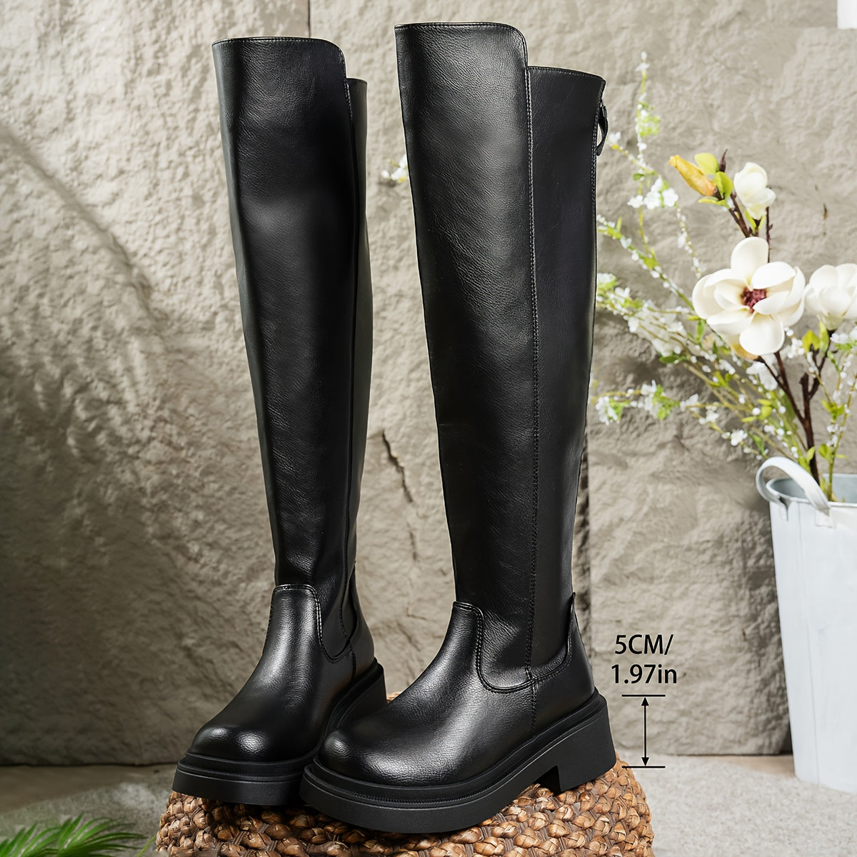 Women's Black Winter Over-the-Knee Boots with Thick Platform Sole