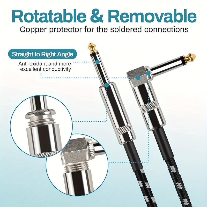 Low-Noise 1/4 Inch Guitar Cable with Right Angle Connectors 3.05m or 6.1m Black