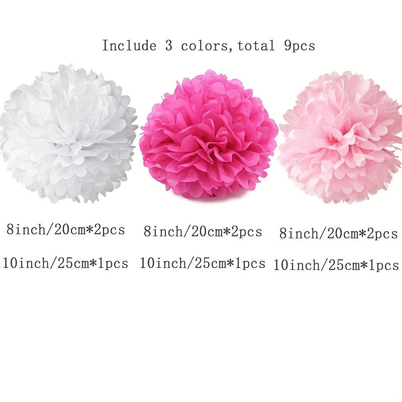 Set of 9 Paper Pom Pom Flowers for Party Decorations Events