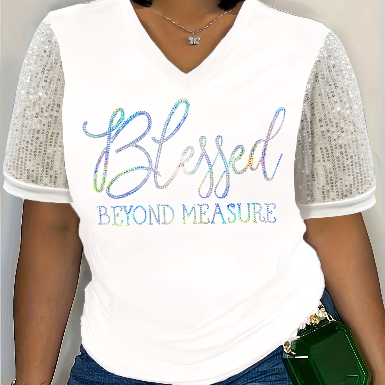 Women's Plus Size V-Neck T-Shirt Short Sleeve Sequin Lettering Casual
