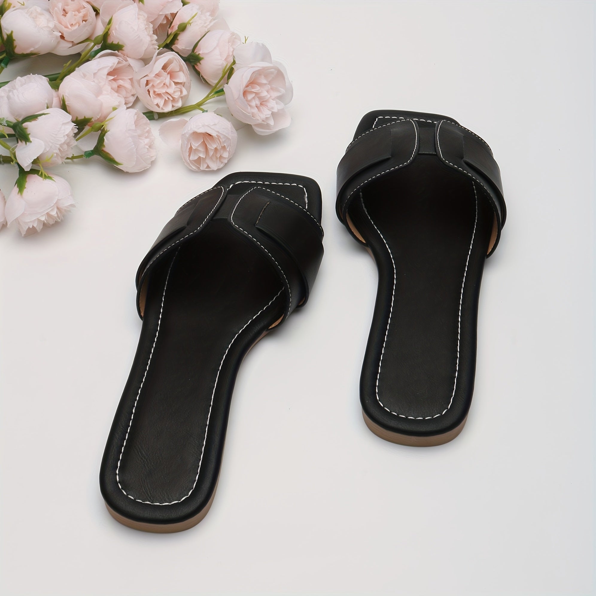 Women's Beige Flat Open Toe Sandals Slip-On Buckle Strappy Casual