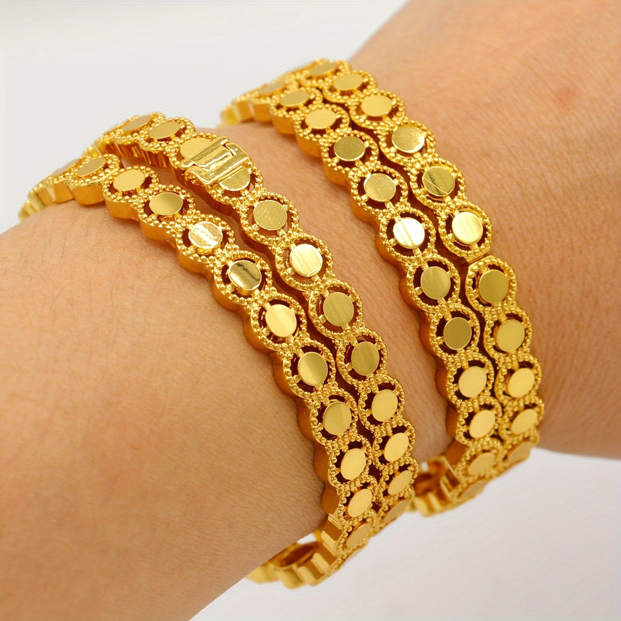 Set of 4 Gold-Plated Copper Cuff Bracelets for Women with Hollow Beads Vintage Jewelry