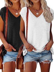 Женские футболки с V-образным вырезом, 2 шт., короткий рукав, летние топы, черный и белый