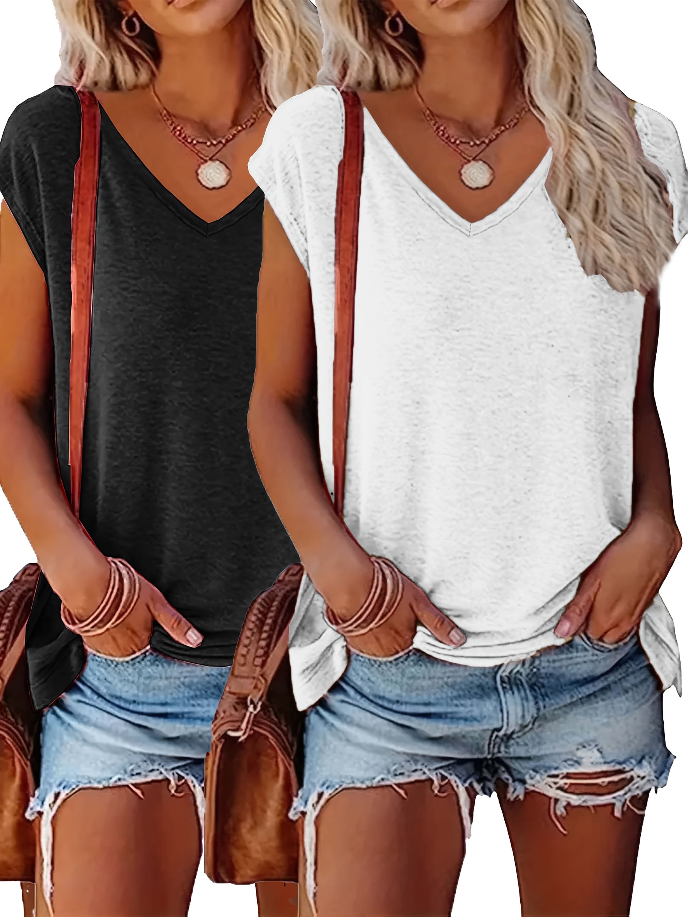 Женские футболки с V-образным вырезом, 2 шт., короткий рукав, летние топы, черный и белый