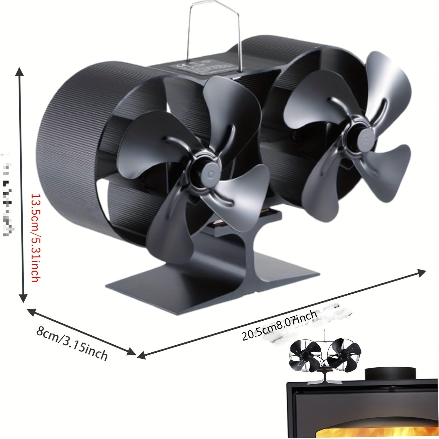 Double Motor Wood Burning Stove Fan Black Aluminum for Fireplace and Heater