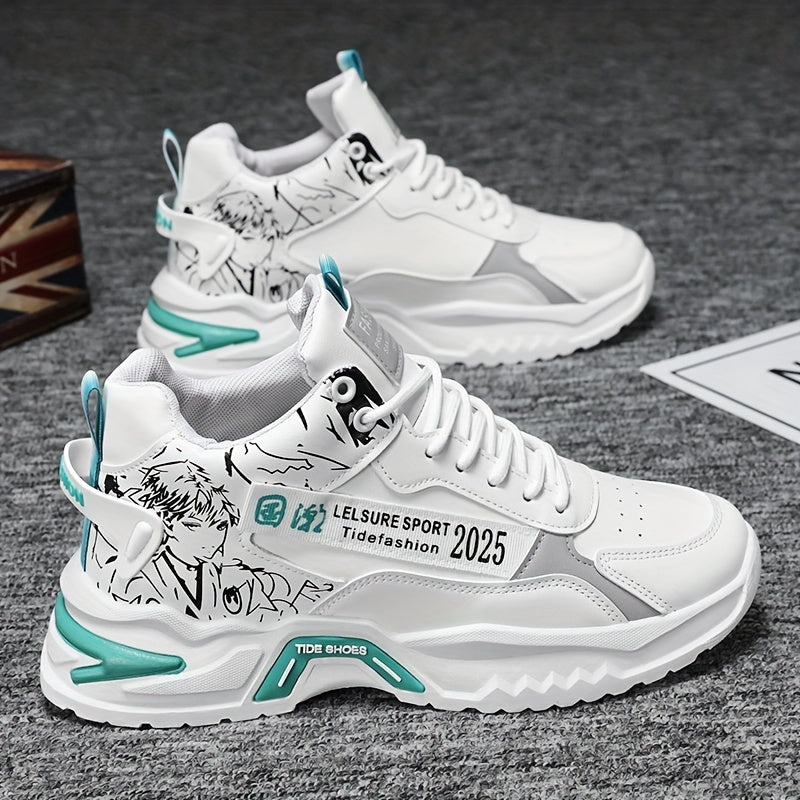 Men's Anime Pattern Lace-Up Non-Slip Platform Sneakers for Outdoor Activities