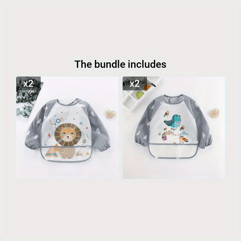 Waterproof Long-Sleeve Feeding Bib for Kids Grey Polyester Fiber