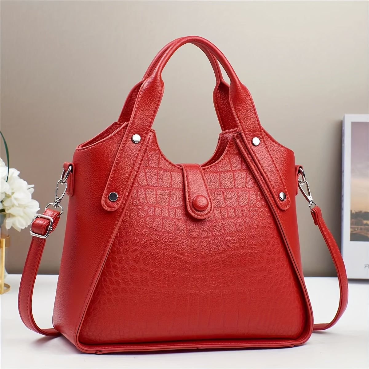 Women's Faux Leather Crocodile Pattern Shoulder Bag Casual Zipper Closure Adjustable Strap