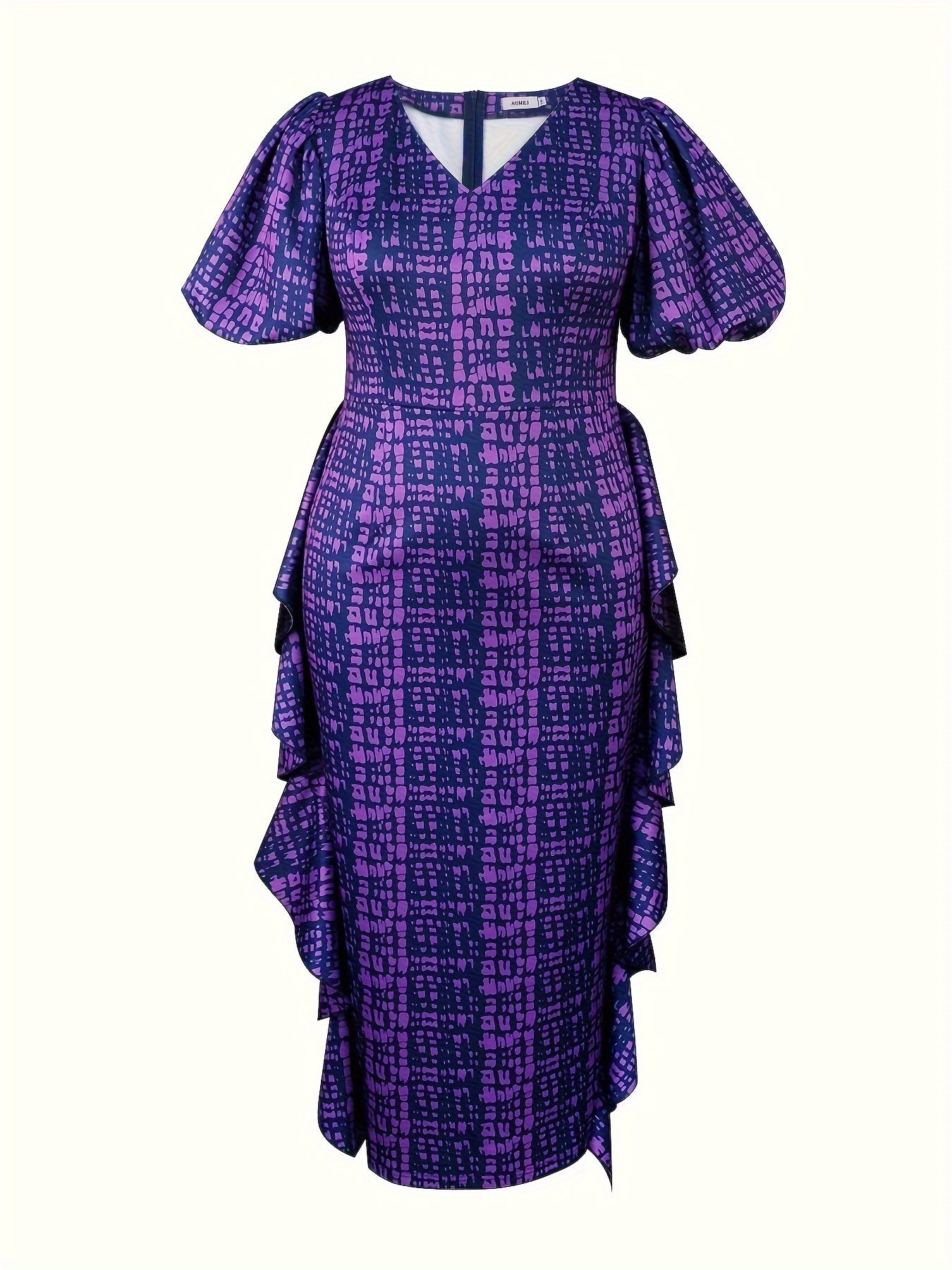 Women's Plus Size Purple Printed Maxi Dress V-Neck Ruffle Hem