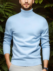 Suéter de cuello alto azul claro para hombre con puños acanalados, mangas largas, mezcla de viscosa, otoño e invierno