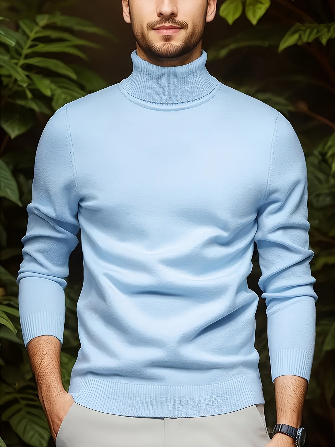 Suéter de cuello alto azul claro para hombre con puños acanalados, mangas largas, mezcla de viscosa, otoño e invierno