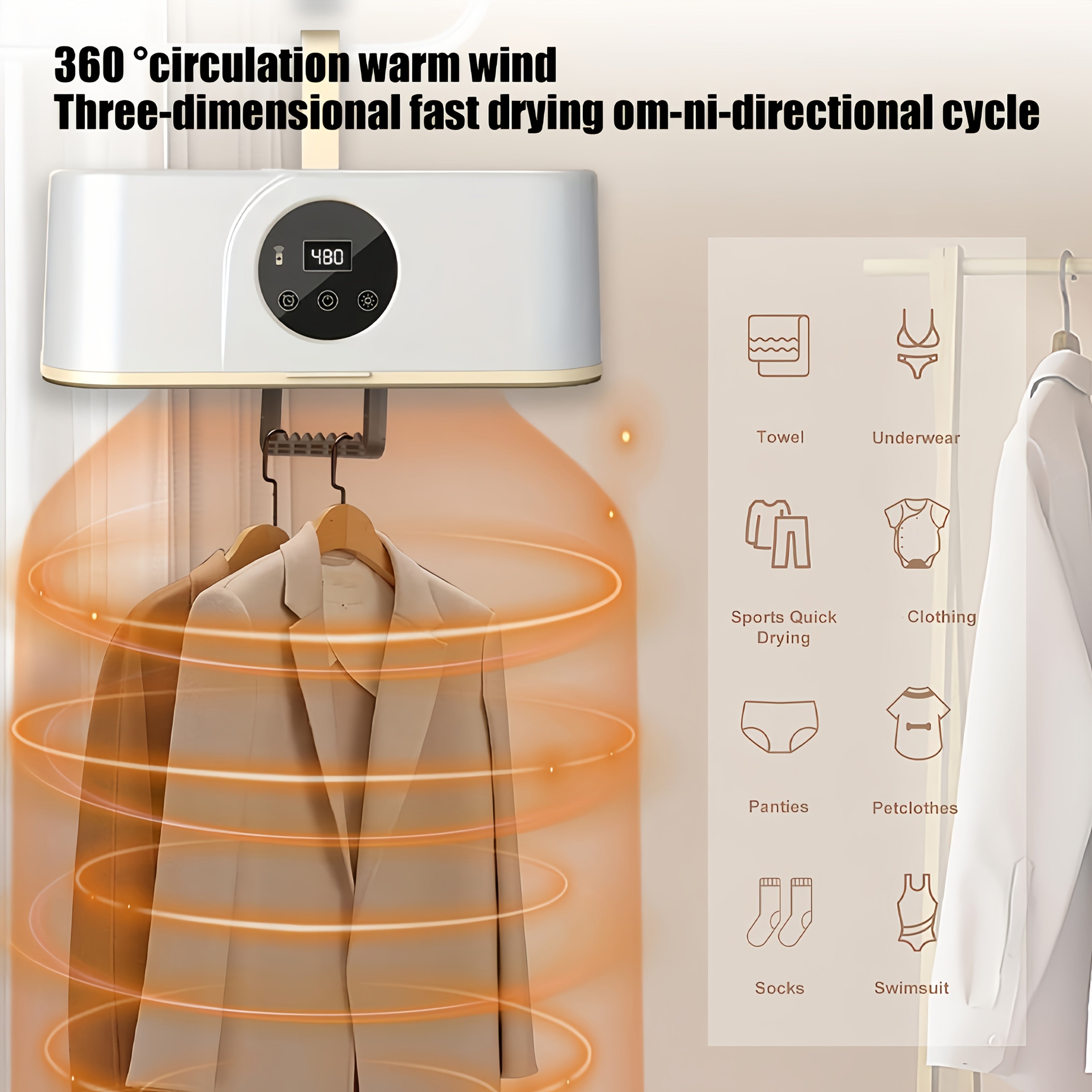 550W Folding Clothes Dryer with Simulated Sunlight Smart Touch Screen Fast Drying Space-Saving