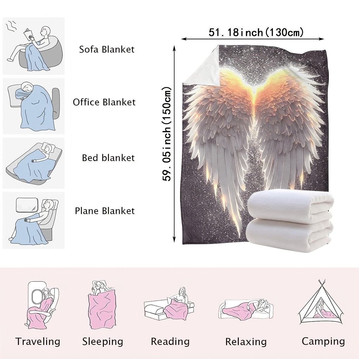 Glowing Wings Print Flannel Blanket Soft Cozy Polyester Throw for Sofa Bed Travel