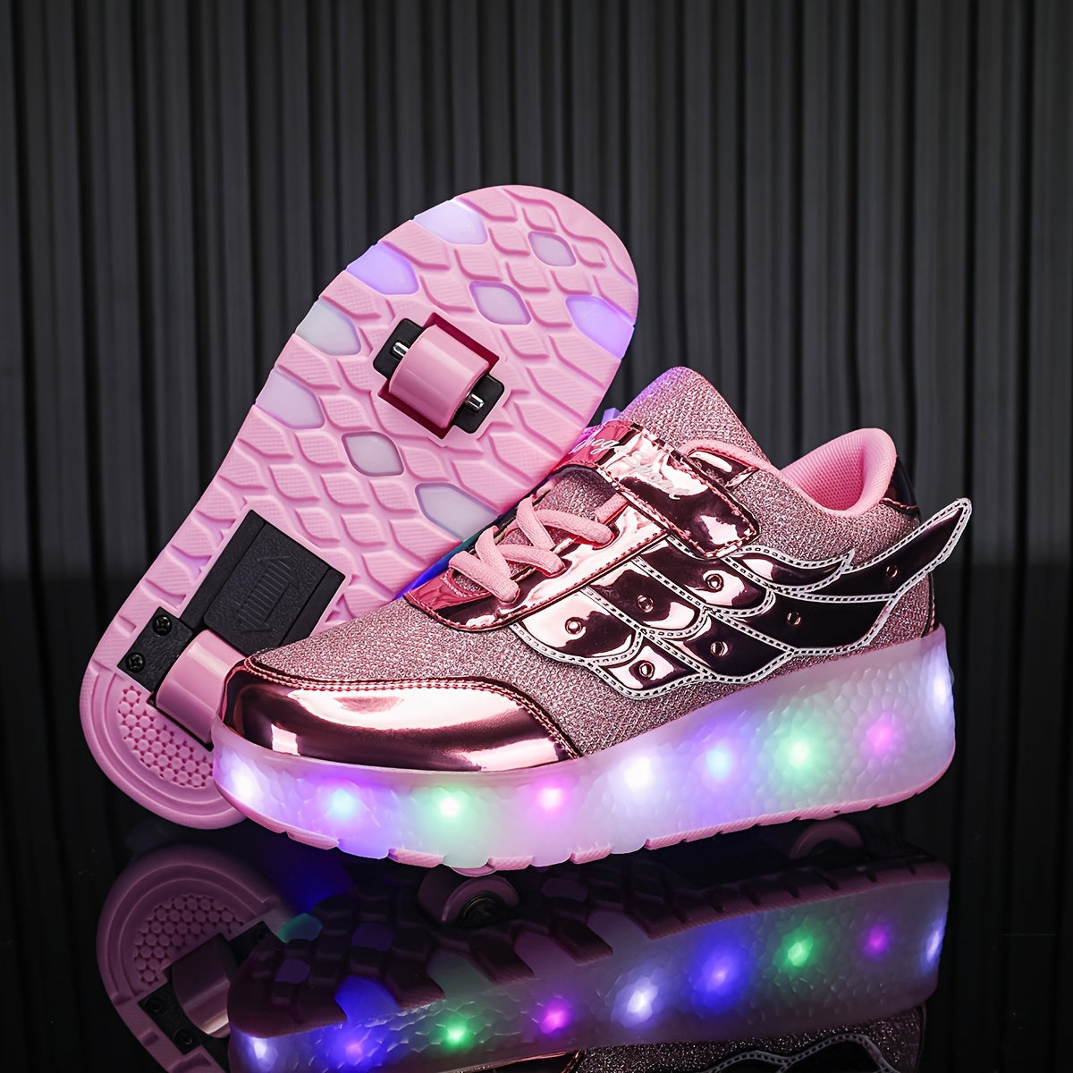 Pink Glitter LED Roller Skates for Girls and Boys with Mesh Upper and Sequins